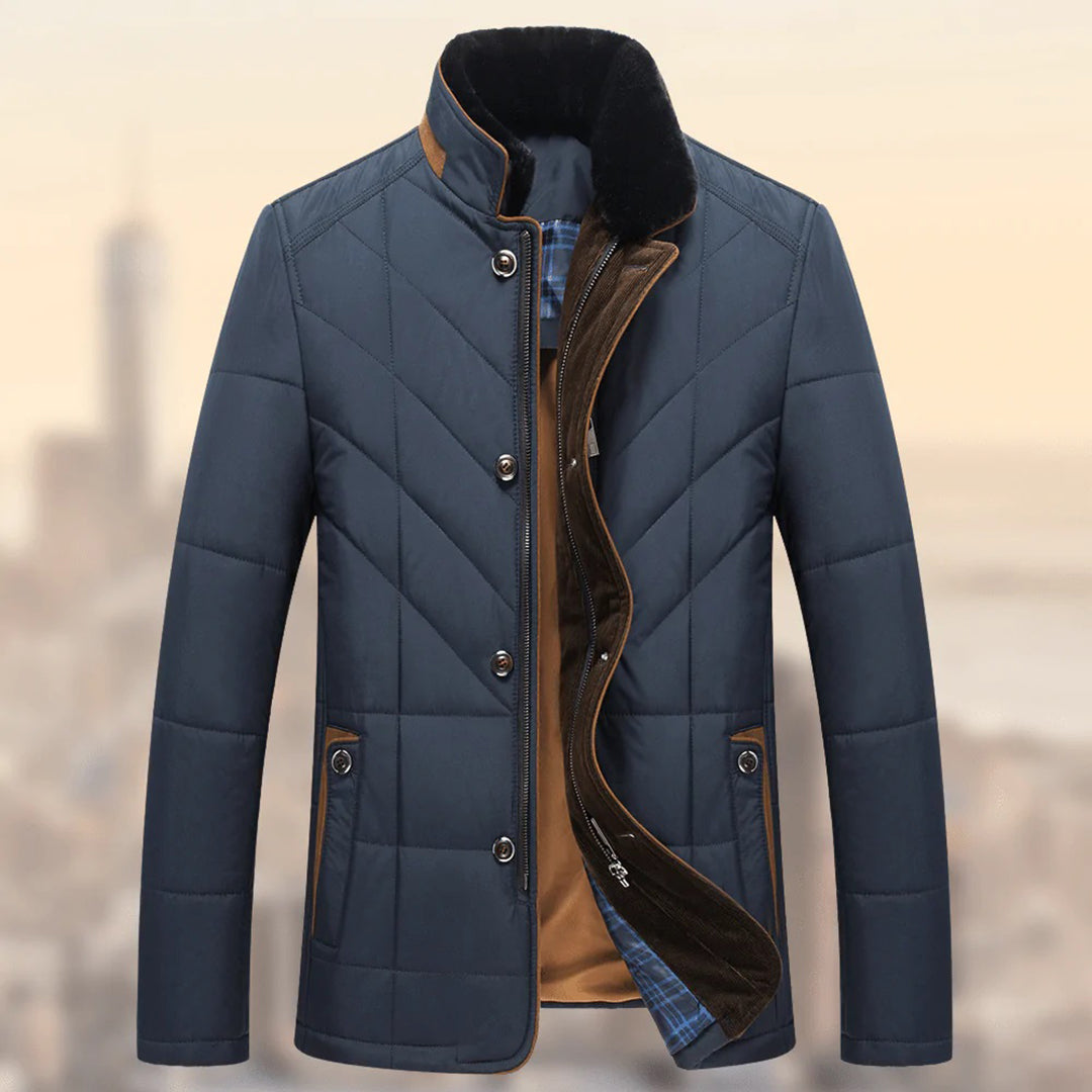 Elegante Herren Winterjacke in Grau, warm isoliert, zeitloses Design, mit Taschen, ideal für kalte Wintertage.