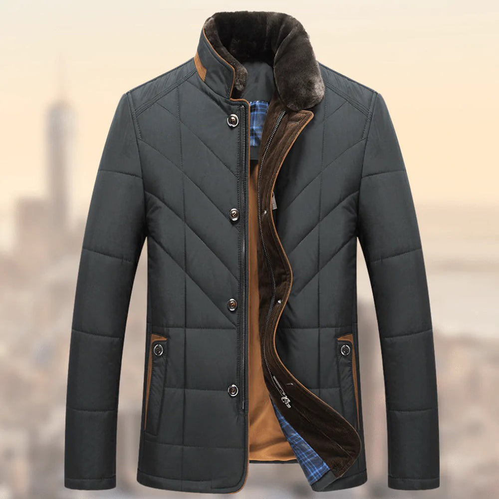 Elegante Herren Winterjacke in Grau, warm isoliert, zeitloses Design, mit Taschen, ideal für kalte Wintertage.