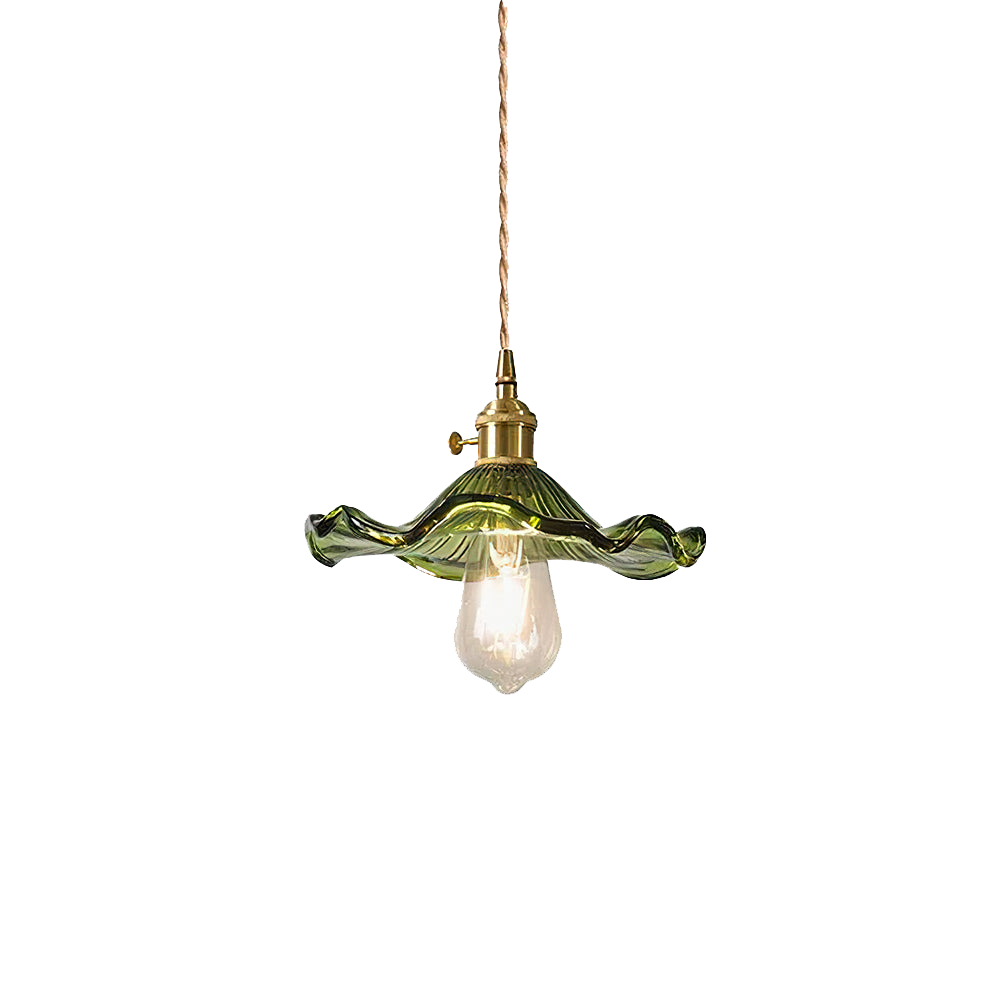 "Elegante Hibiscusblume LED Pendelleuchte aus Glas in Grün, stilvolles Design mit lebendigen Farben für moderne Wohnräume."