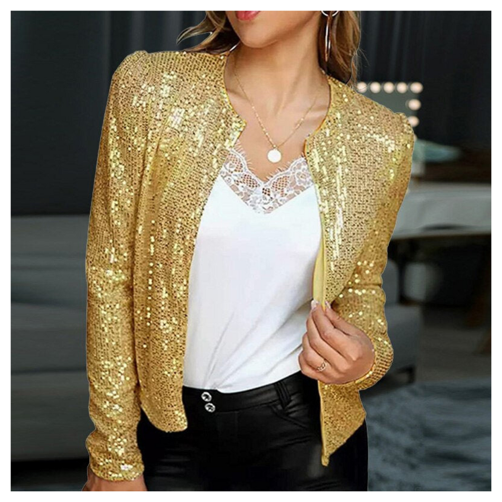 "Elegante kurze Damenjacke mit Reißverschluss, glamourösen Details und stilvollem Design für besondere Anlässe."