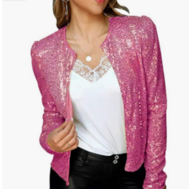 "Elegante kurze Damenjacke mit Reißverschluss, glamourösen Details und stilvollem Design für besondere Anlässe."