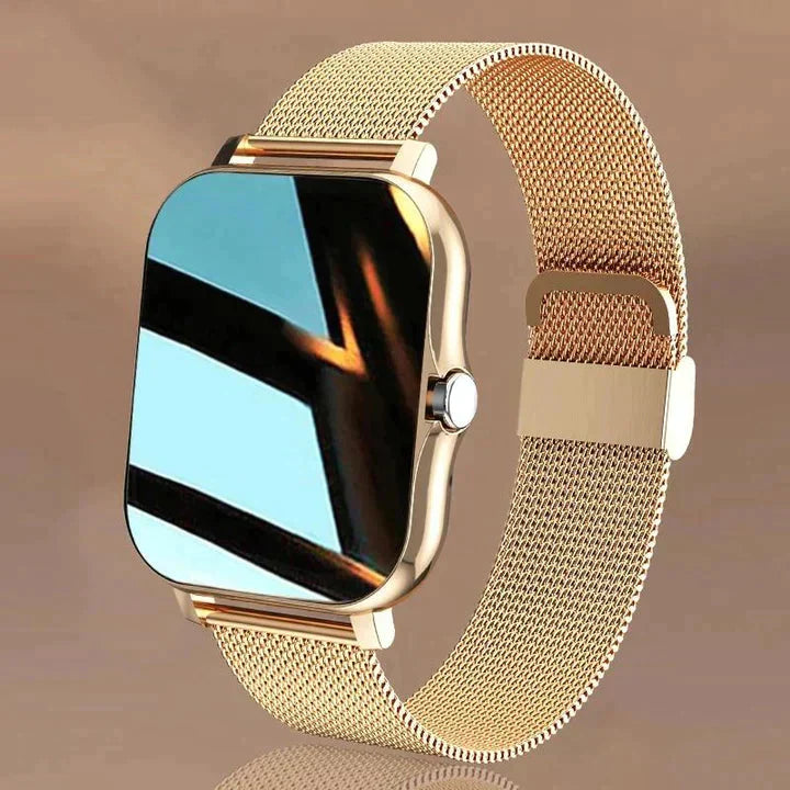 "Elegante, multifunktionale Smartwatch mit rundem Display, schwarz, wasserdicht, lange Akkulaufzeit, für IOS und Android."