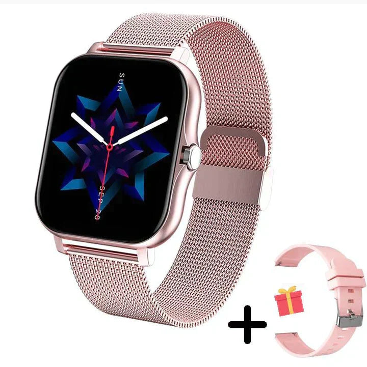 "Elegante, multifunktionale Smartwatch mit rundem Display, schwarz, wasserdicht, lange Akkulaufzeit, für IOS und Android."