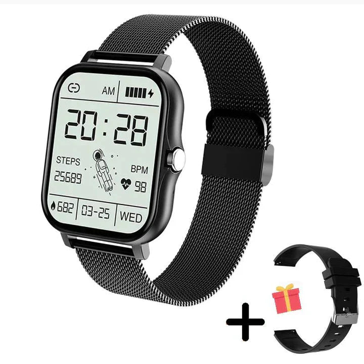 "Elegante, multifunktionale Smartwatch mit rundem Display, schwarz, wasserdicht, lange Akkulaufzeit, für IOS und Android."