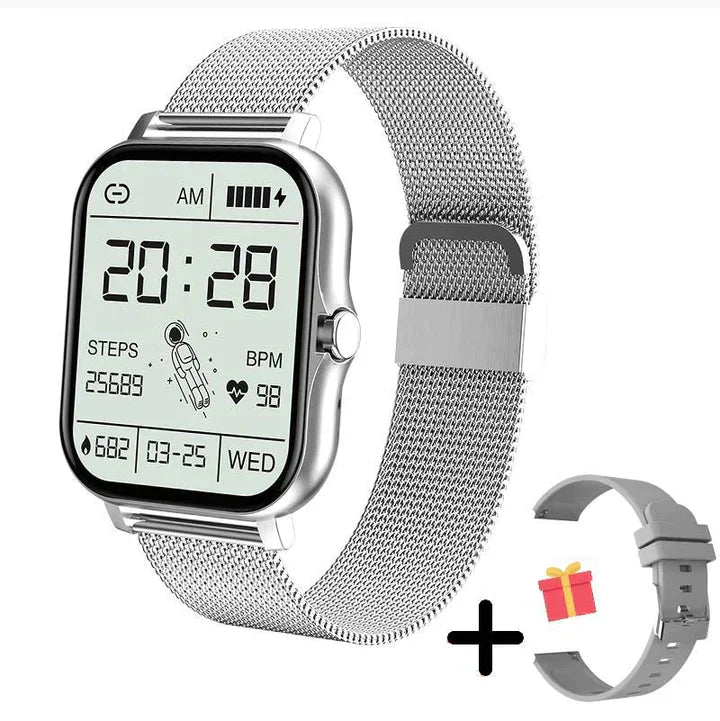 "Elegante, multifunktionale Smartwatch mit rundem Display, schwarz, wasserdicht, lange Akkulaufzeit, für IOS und Android."