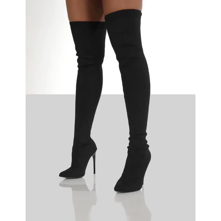 "Elegante Overknee-Stretch-Stiefel mit Stiletto-Absatz in schwarzer Seitenansicht, ideale Damenmode für trendige Looks."