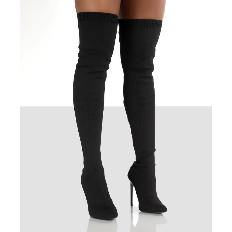 "Elegante Overknee-Stretch-Stiefel mit Stiletto-Absatz in schwarzer Seitenansicht, ideale Damenmode für trendige Looks."