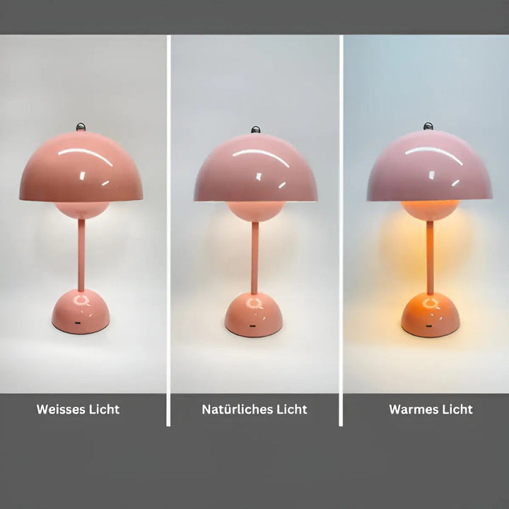 "Elegante skandinavische LED Tischleuchte mit dimmbarer Lichtintensität, ideal für modernes Wohnambiente, in Grau."