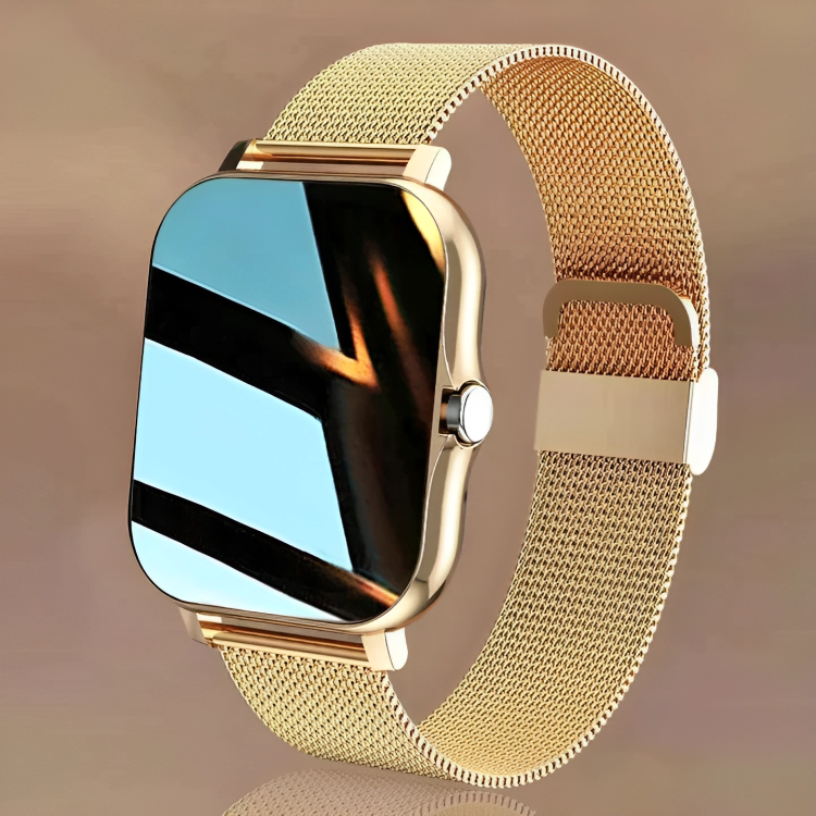Elegante Smartwatch in Silber, präzise Gesundheitsüberwachung, längliche Form, schwarzes Zifferblatt, Bluetooth-fähig.