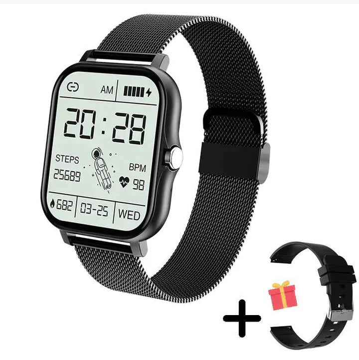 Elegante Smartwatch in Silber, präzise Gesundheitsüberwachung, längliche Form, schwarzes Zifferblatt, Bluetooth-fähig.
