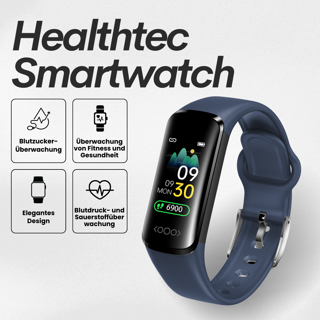 "Elegante Smartwatch mit Blutzuckermessung, anpassbarem Armband, IP68 wasserdicht, ideal für Fitness und Alltag"
