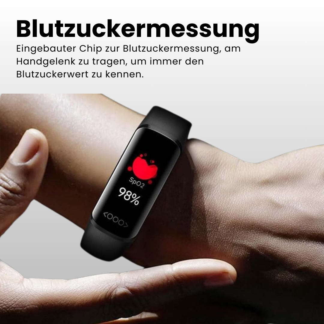 "Elegante Smartwatch mit Blutzuckermessung, anpassbarem Armband, IP68 wasserdicht, ideal für Fitness und Alltag"
