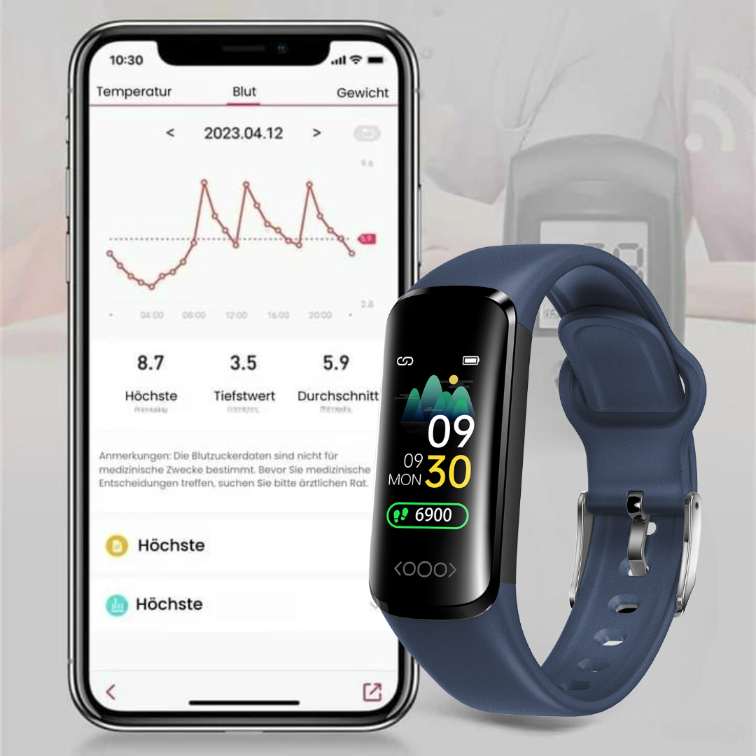 "Elegante Smartwatch mit Blutzuckermessung, anpassbarem Armband, IP68 wasserdicht, ideal für Fitness und Alltag"