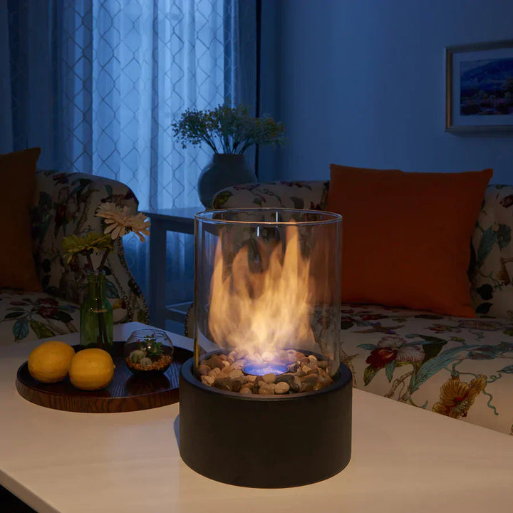 "Elegante, tragbare Feuerstelle für Indoor & Outdoor mit Glas und Metall, stilvolles modernes Design, rauchfreies Ethanolfeue