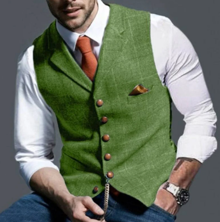 "Elegante Vintage Herren Weste, grauer Stoff, raffinierte Details, vielseitig tragbar für zeitlosen Stil und formelle Anlässe