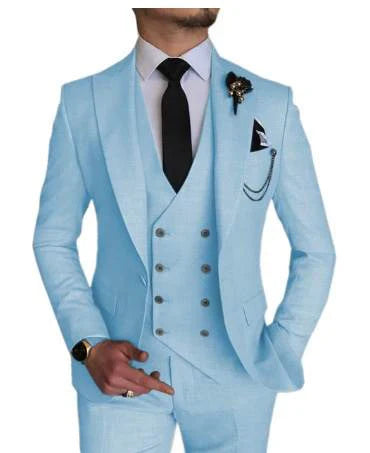 Eleganter 3-teiliger Herren Hochzeitsanzug mit einreihiger Jacke, Peak-Revers und schlanker Silhouette für formelle Anlässe.
