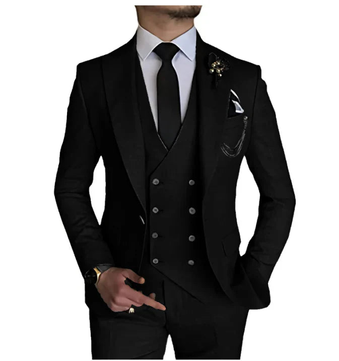 Eleganter 3-teiliger Herren Hochzeitsanzug mit einreihiger Jacke, Peak-Revers und schlanker Silhouette für formelle Anlässe.