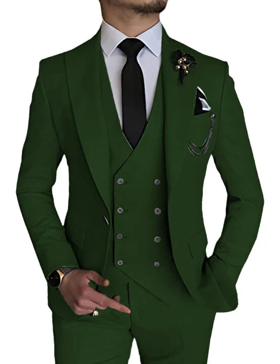 Eleganter 3-teiliger Herren Hochzeitsanzug mit einreihiger Jacke, Peak-Revers und schlanker Silhouette für formelle Anlässe.