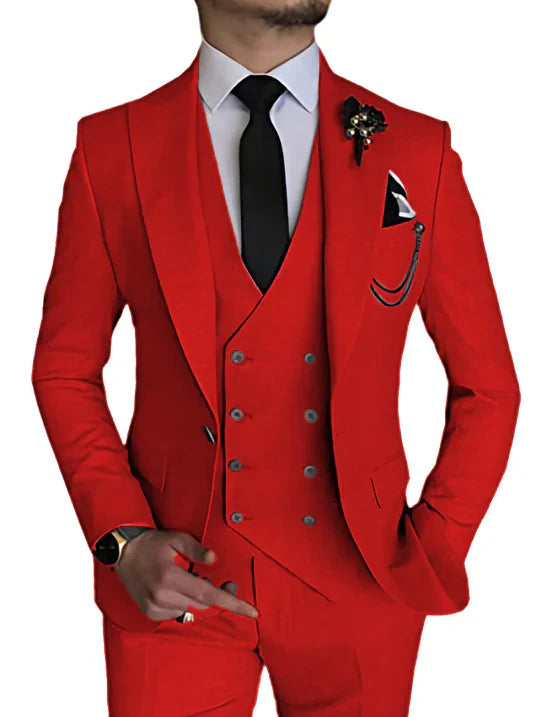 Eleganter 3-teiliger Herren Hochzeitsanzug mit einreihiger Jacke, Peak-Revers und schlanker Silhouette für formelle Anlässe.
