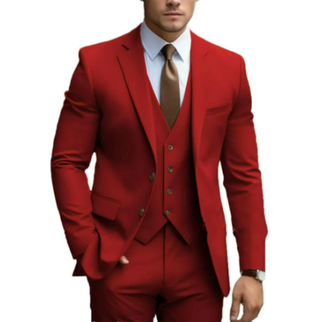 Eleganter 3-teiliger Herrenanzug mit spitzen Revers und strukturierter Schulter. Perfekte Passform für Hochzeiten und formell