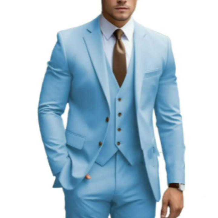 Eleganter 3-teiliger Herrenanzug mit spitzen Revers und strukturierter Schulter. Perfekte Passform für Hochzeiten und formell