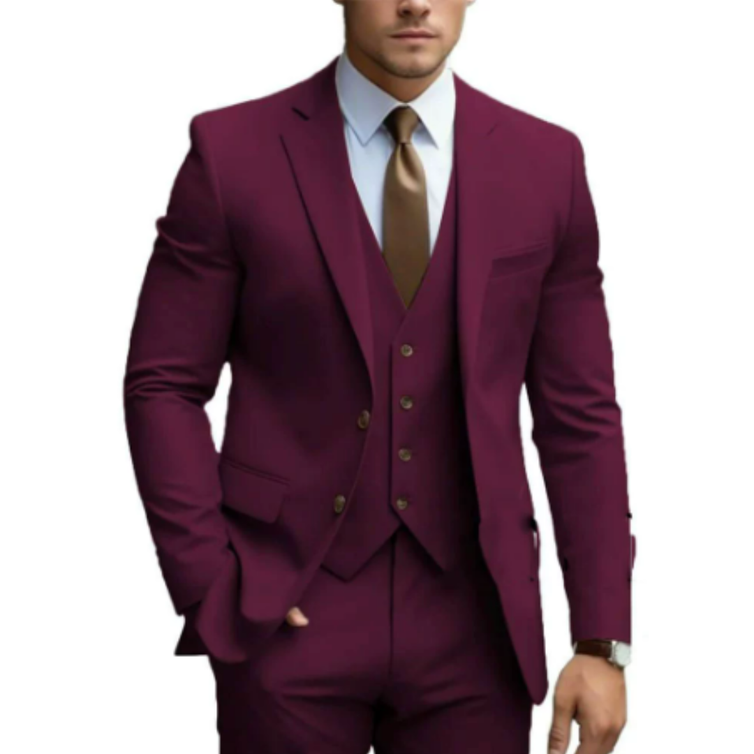 Eleganter 3-teiliger Herrenanzug mit spitzen Revers und strukturierter Schulter. Perfekte Passform für Hochzeiten und formell