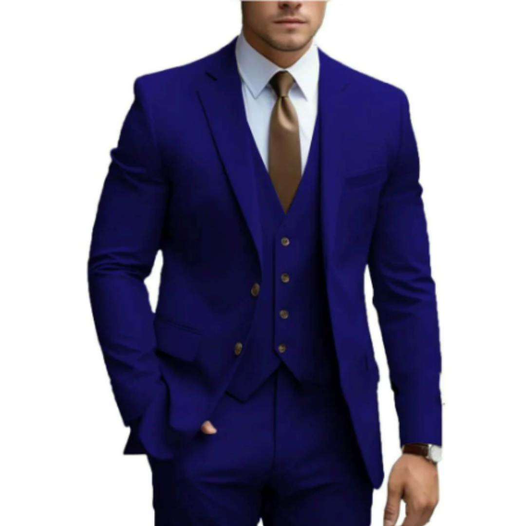 Eleganter 3-teiliger Herrenanzug mit spitzen Revers und strukturierter Schulter. Perfekte Passform für Hochzeiten und formell