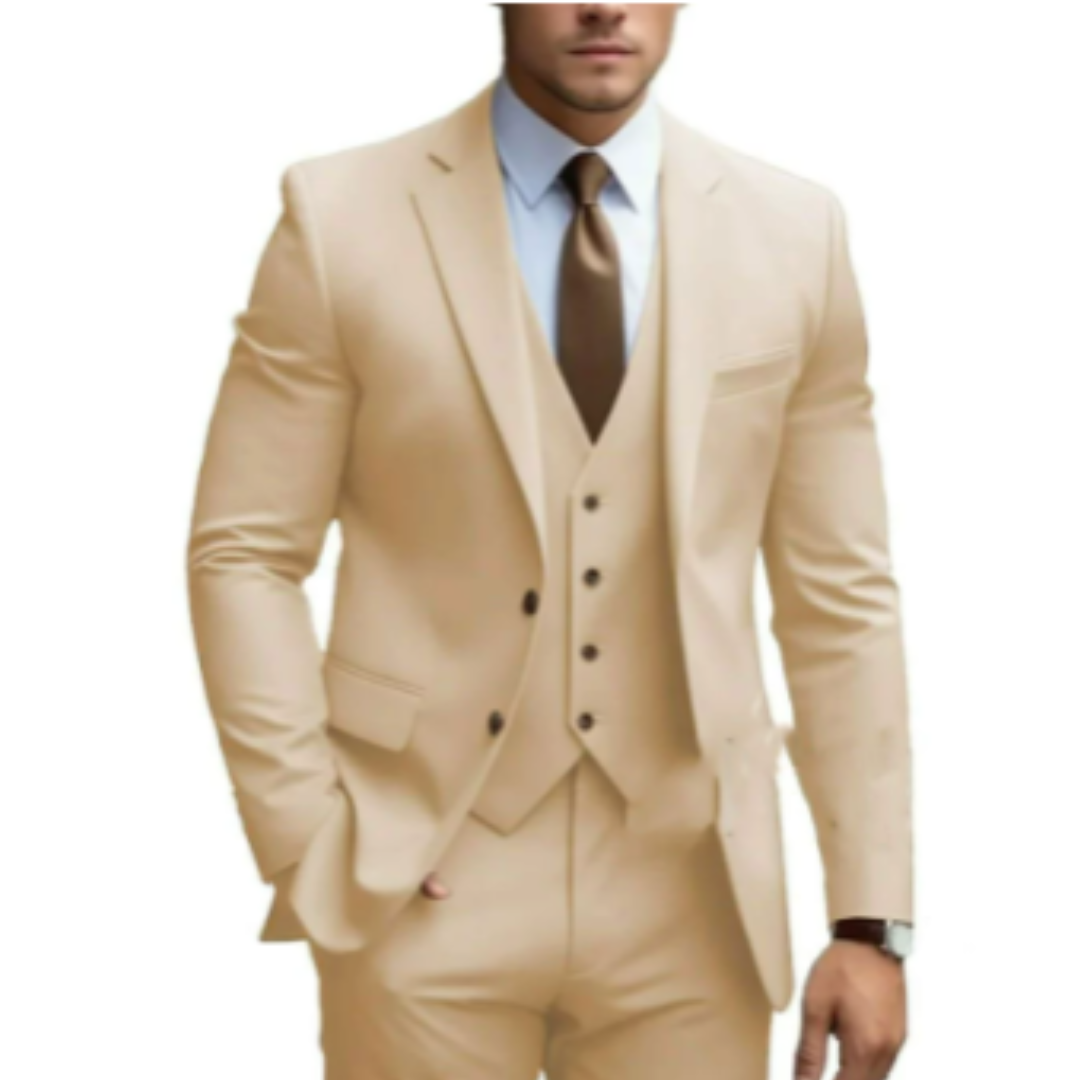 Eleganter 3-teiliger Herrenanzug mit spitzen Revers und strukturierter Schulter. Perfekte Passform für Hochzeiten und formell