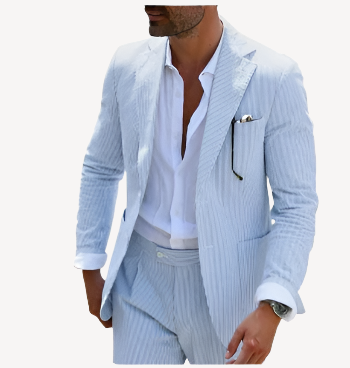 Eleganter blauer Herrenanzug im Streifendesign, Zweiteiler, ideal für Hochzeiten, bestehend aus Jacke und Hose.