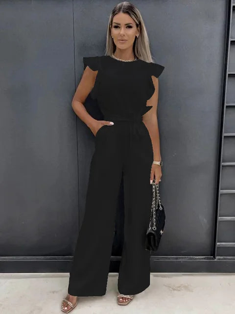 Eleganter Damen Jumpsuit mit Rüschenärmeln und weitem Bein in Schwarz, ideal für stilvolle Anlässe und Alltag.
