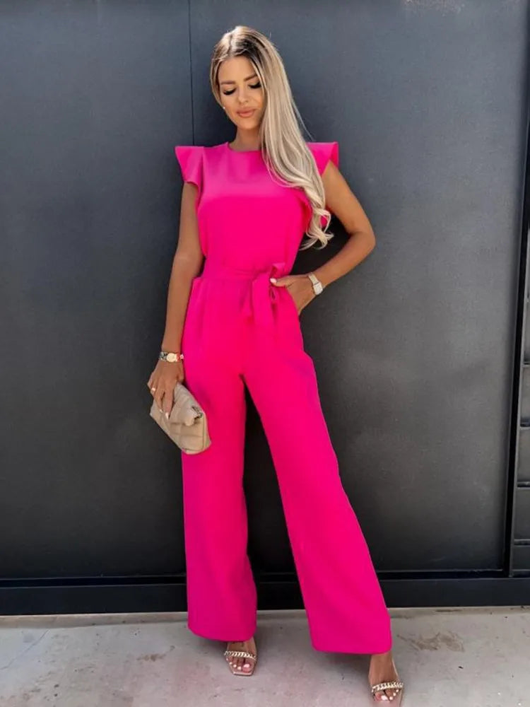 Eleganter Damen Jumpsuit mit Rüschenärmeln und weitem Bein in Schwarz, ideal für stilvolle Anlässe und Alltag.