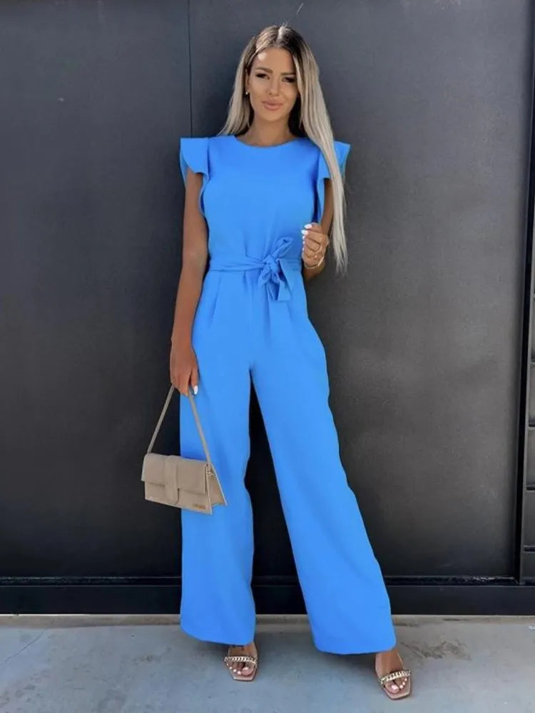 Eleganter Damen Jumpsuit mit Rüschenärmeln und weitem Bein in Schwarz, ideal für stilvolle Anlässe und Alltag.