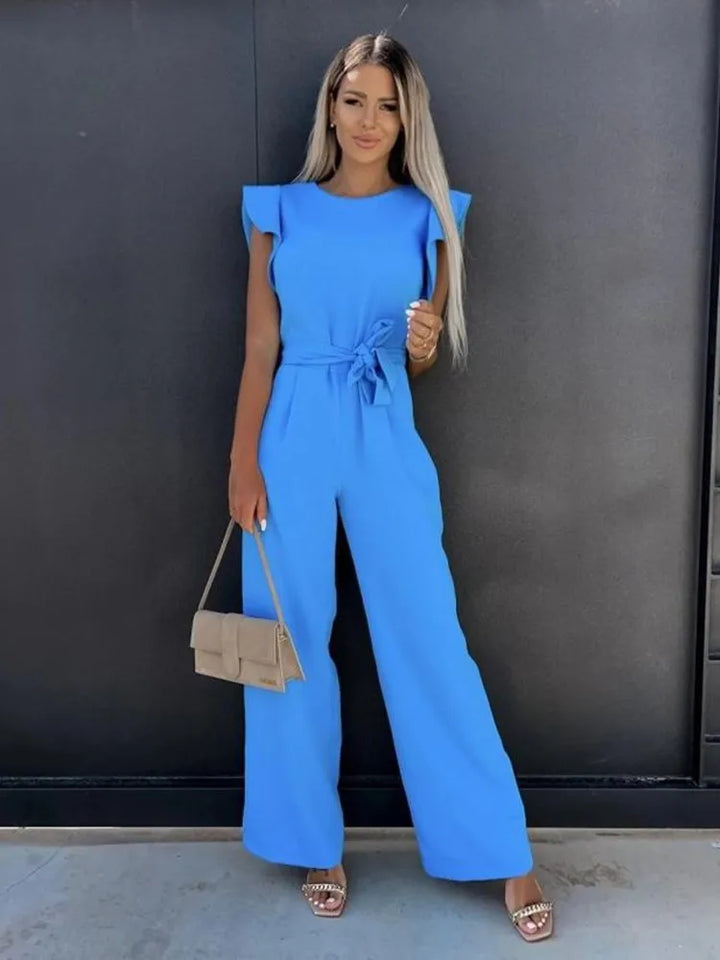 Eleganter Damen Jumpsuit mit Rüschenärmeln und weitem Bein in Schwarz, ideal für stilvolle Anlässe und Alltag.