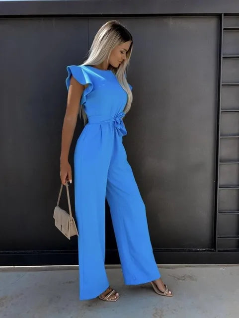 Eleganter Damen Jumpsuit mit Rüschenärmeln und weitem Bein in Schwarz, ideal für stilvolle Anlässe und Alltag.