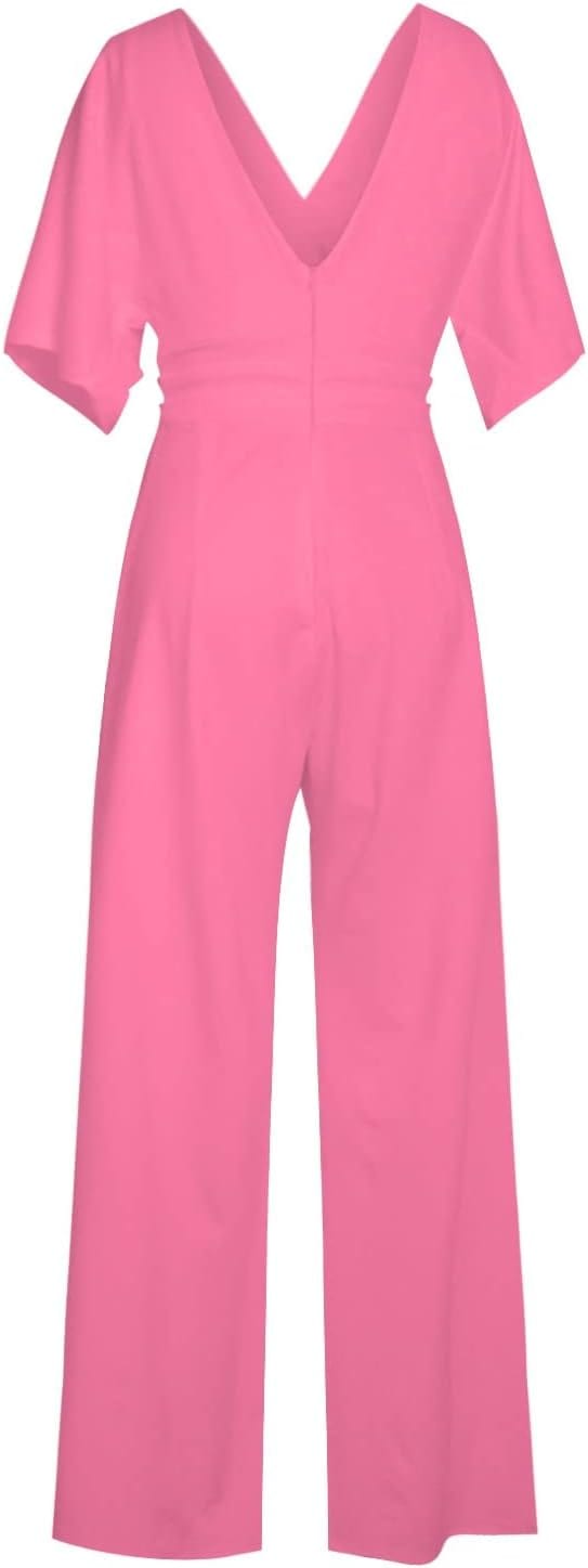 "Eleganter Damen-Jumpsuit mit V-Ausschnitt, Dolman-Ärmeln, elastischem Bund und weiten Hosen in Schwarz und Weinrot."