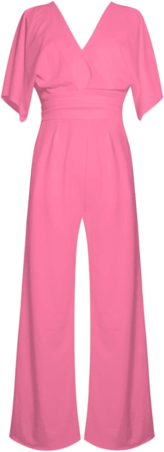 "Eleganter Damen-Jumpsuit mit V-Ausschnitt, Dolman-Ärmeln, elastischem Bund und weiten Hosen in Schwarz und Weinrot."