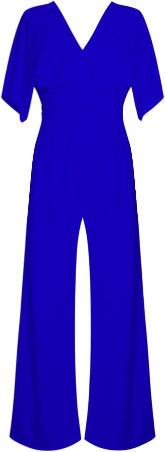 "Eleganter Damen-Jumpsuit mit V-Ausschnitt, Dolman-Ärmeln, elastischem Bund und weiten Hosen in Schwarz und Weinrot."