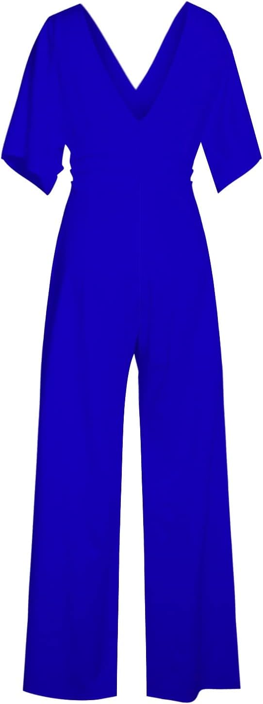 "Eleganter Damen-Jumpsuit mit V-Ausschnitt, Dolman-Ärmeln, elastischem Bund und weiten Hosen in Schwarz und Weinrot."