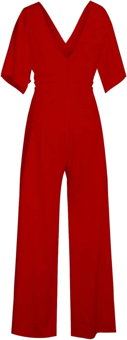 "Eleganter Damen-Jumpsuit mit V-Ausschnitt, Dolman-Ärmeln, elastischem Bund und weiten Hosen in Schwarz und Weinrot."