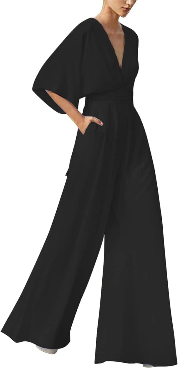 "Eleganter Damen-Jumpsuit mit V-Ausschnitt, Dolman-Ärmeln, elastischem Bund und weiten Hosen in Schwarz und Weinrot."