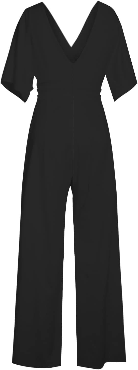 "Eleganter Damen-Jumpsuit mit V-Ausschnitt, Dolman-Ärmeln, elastischem Bund und weiten Hosen in Schwarz und Weinrot."