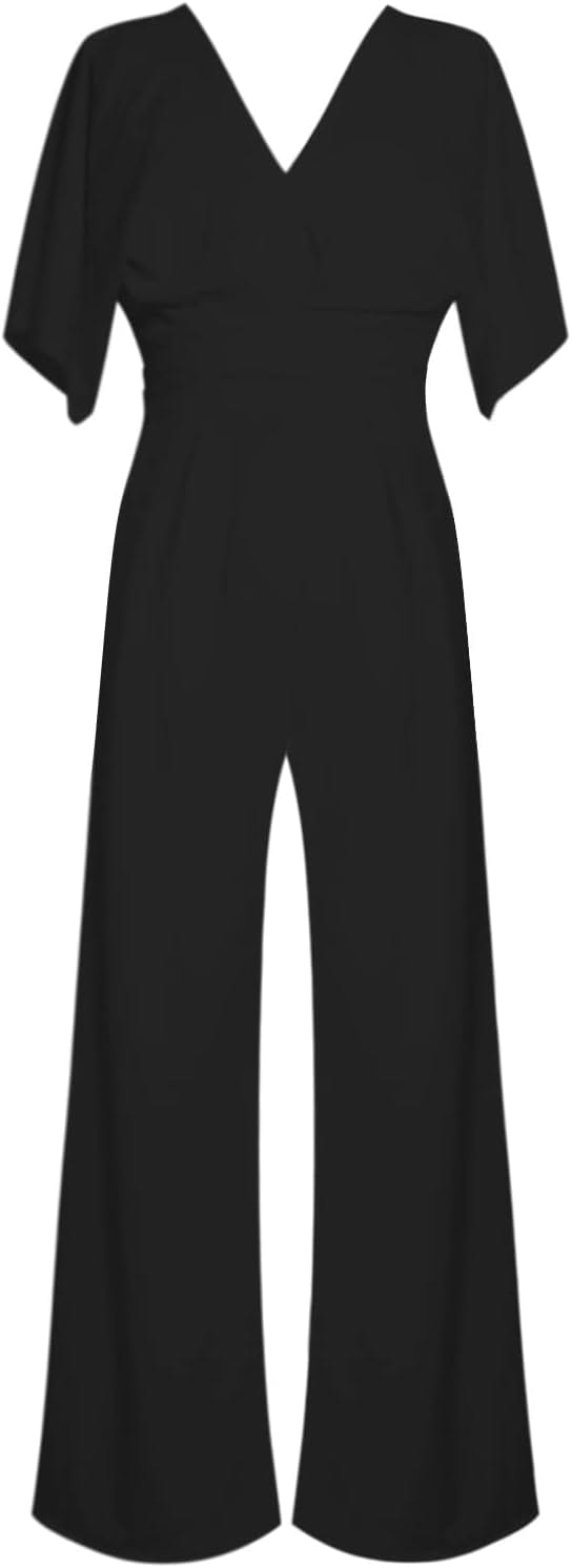 "Eleganter Damen-Jumpsuit mit V-Ausschnitt, Dolman-Ärmeln, elastischem Bund und weiten Hosen in Schwarz und Weinrot."