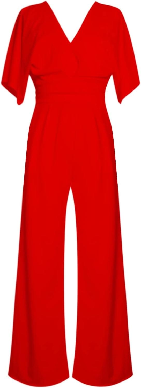 "Eleganter Damen-Jumpsuit mit V-Ausschnitt, Dolman-Ärmeln, elastischem Bund und weiten Hosen in Schwarz und Weinrot."