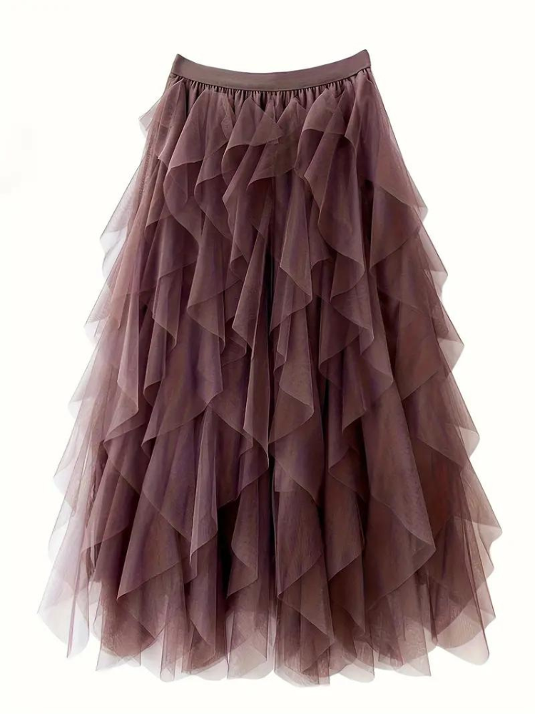 Eleganter Damen-Rüschenrock aus fließendem Tüllstoff, feminin mit Rüschen, ideal für festliche und lässige Anlässe.