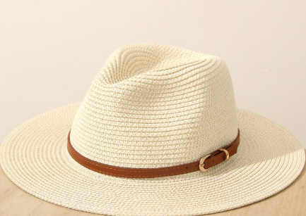 Eleganter Damen-Strohhut in Beige mit klassischem Jazz-Top Stil, ideal für Sommer und Strand, bietet stilvollen Sonnenschutz.