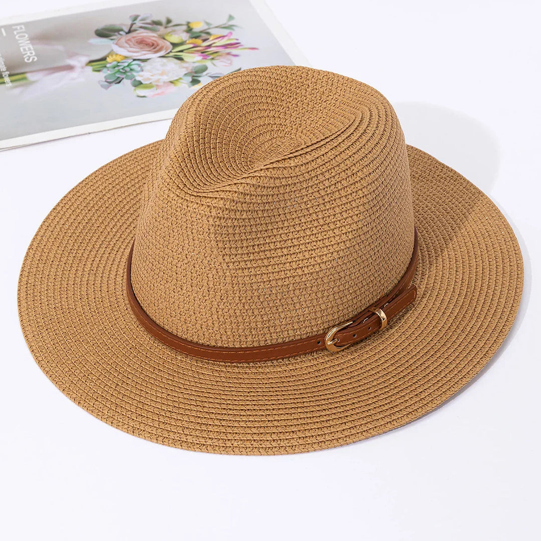 Eleganter Damen-Strohhut in Beige mit klassischem Jazz-Top Stil, ideal für Sommer und Strand, bietet stilvollen Sonnenschutz.