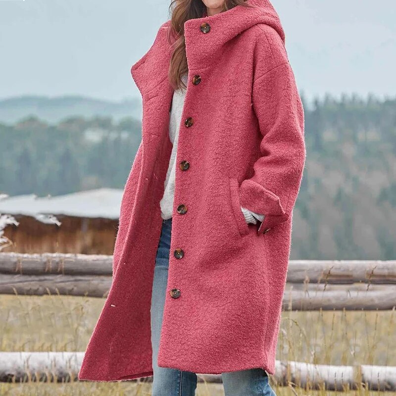 "Eleganter Damen Wintermantel, warm gefüttert, mit Kapuze in edlem Design, in Blau, Grau, Grün, Rosa oder Schwarz erhältlich.