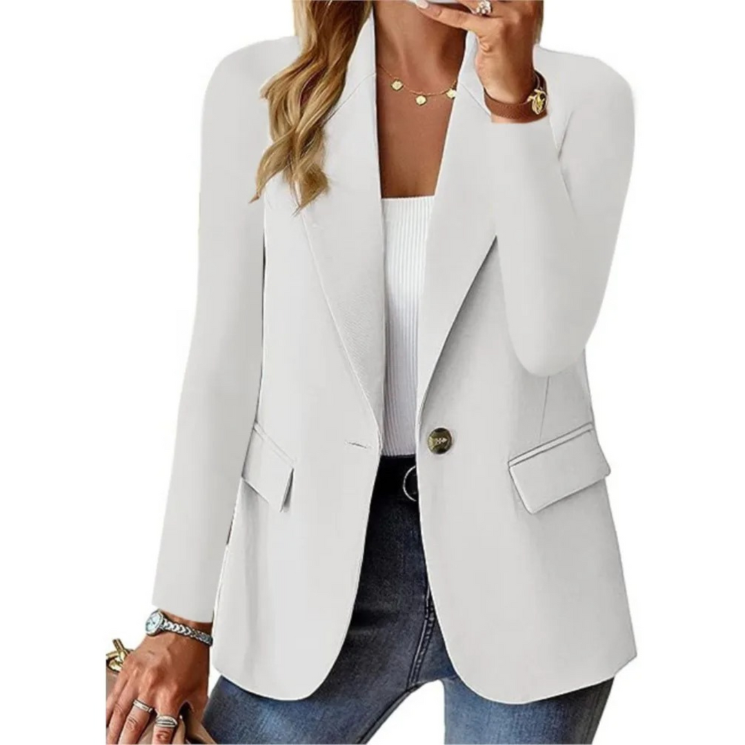 "Eleganter Damenblazer mit langen Ärmeln, vielseitiges Design in Blau, Seitenansicht, ideal für Büro und Abendessen."