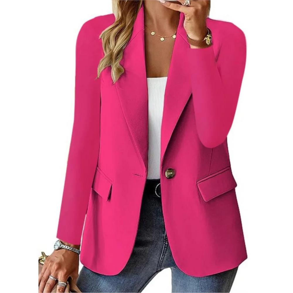 "Eleganter Damenblazer mit langen Ärmeln, vielseitiges Design in Blau, Seitenansicht, ideal für Büro und Abendessen."