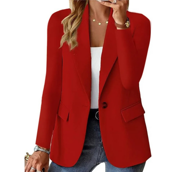 "Eleganter Damenblazer mit langen Ärmeln, vielseitiges Design in Blau, Seitenansicht, ideal für Büro und Abendessen."